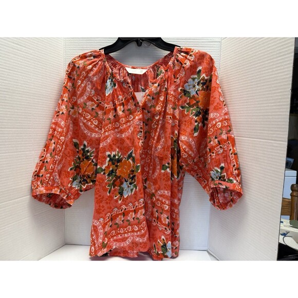 LC Lauren Conrad Orange Red Floral 3/4 Raglan Sleeve Button Front Top Sz PXS New - Picture 1 of 10